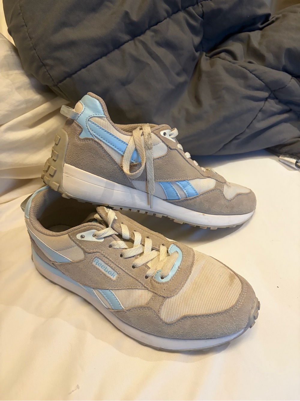 Reebok Beige and Light Blue Retro Runner Sneakers